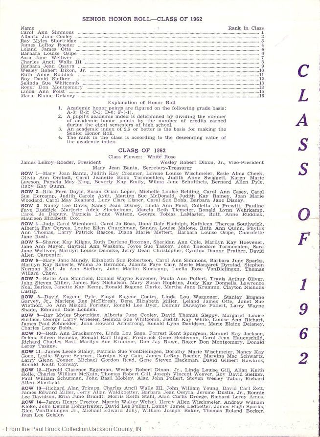 1962 Senior Honor Roll<br>Class of 1962