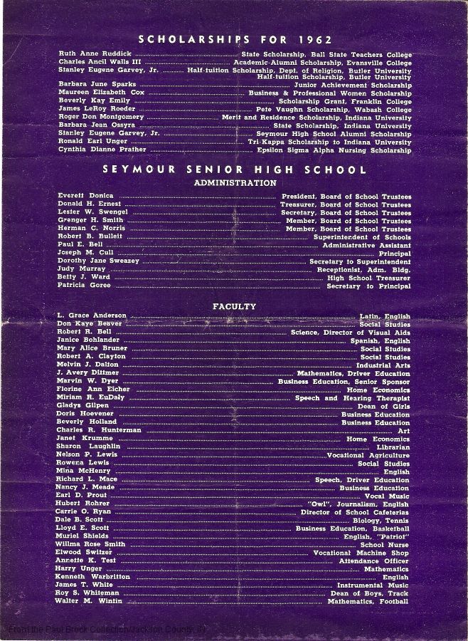 1962 Scholarships<br>Administration<br>Faculty
